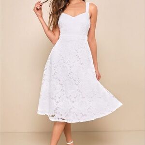 Divine Beauty White Lace Midi Dress With Pockets